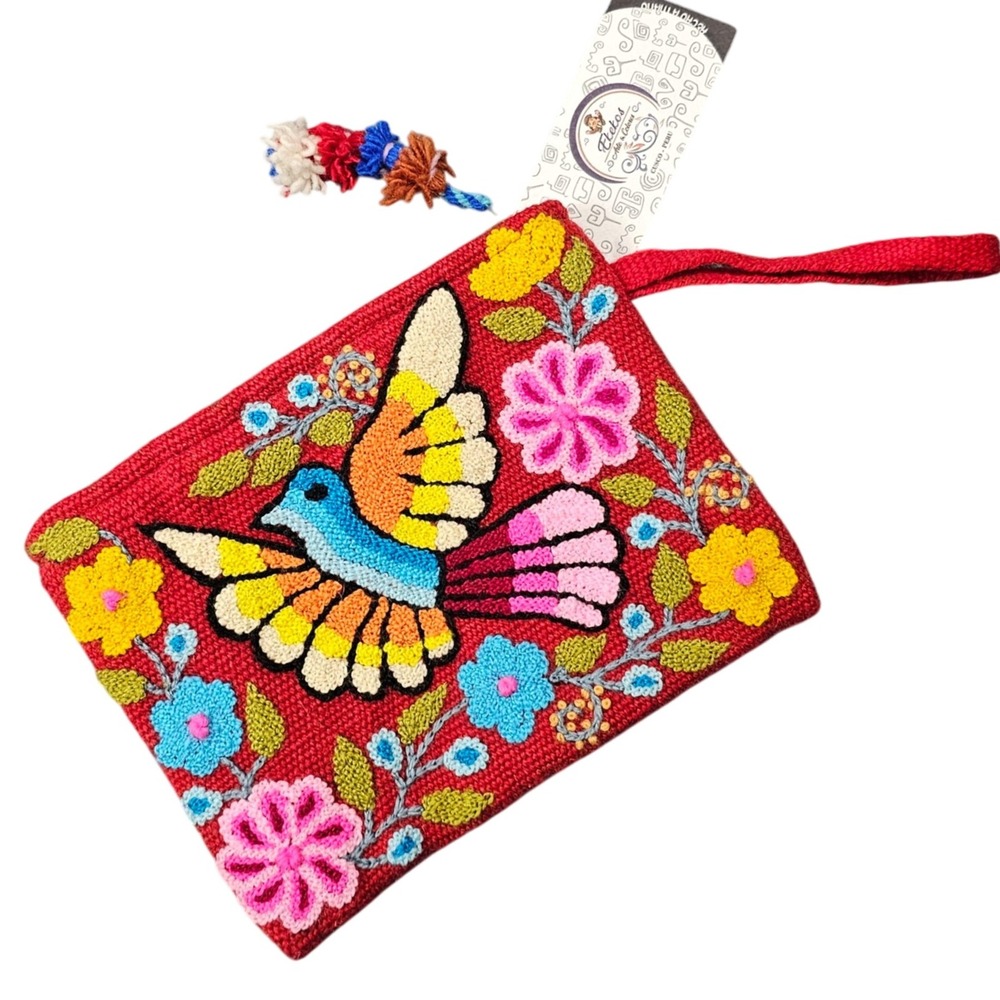 Ekekos Red Floral Embroidered Bird Coin Purse Clutch Bag Handmade Bohemian